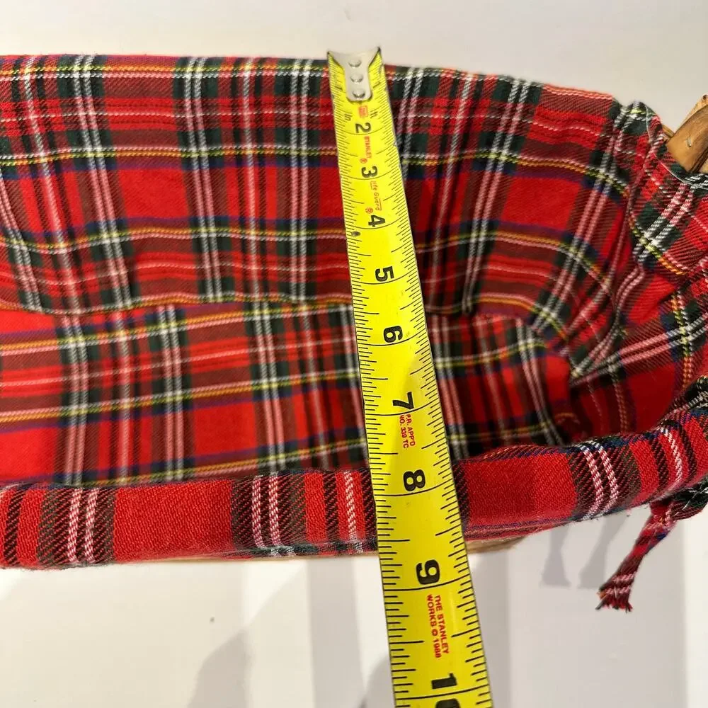 Large Oblong Red Plaid Fabric Lined Basket Gift Basket 22x8.5x7.5 Wooden Handles